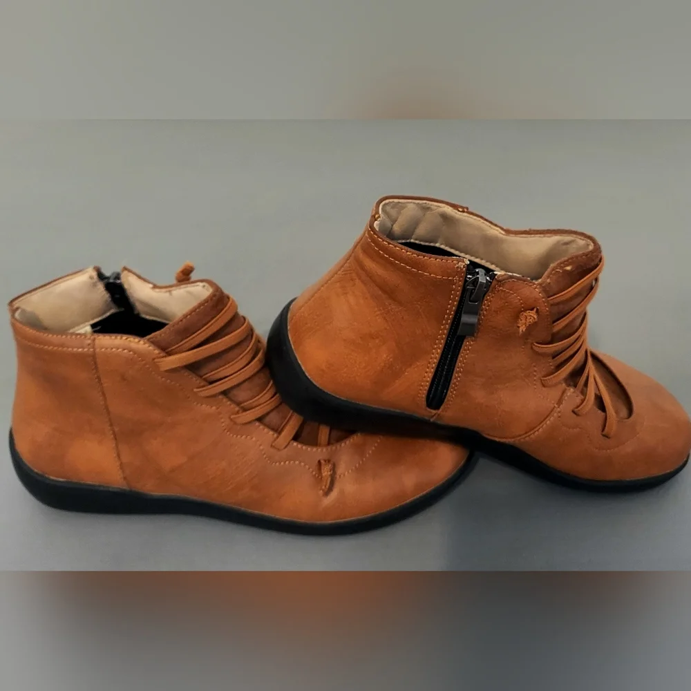 Brown Faux Leather Ankle Boots